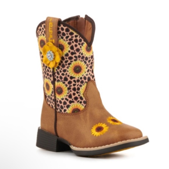 New! Twister Toddler Sunnies Tan & Cheetah Sunflowers Square Toe Cowboy Boots - Picture 2 of 15
